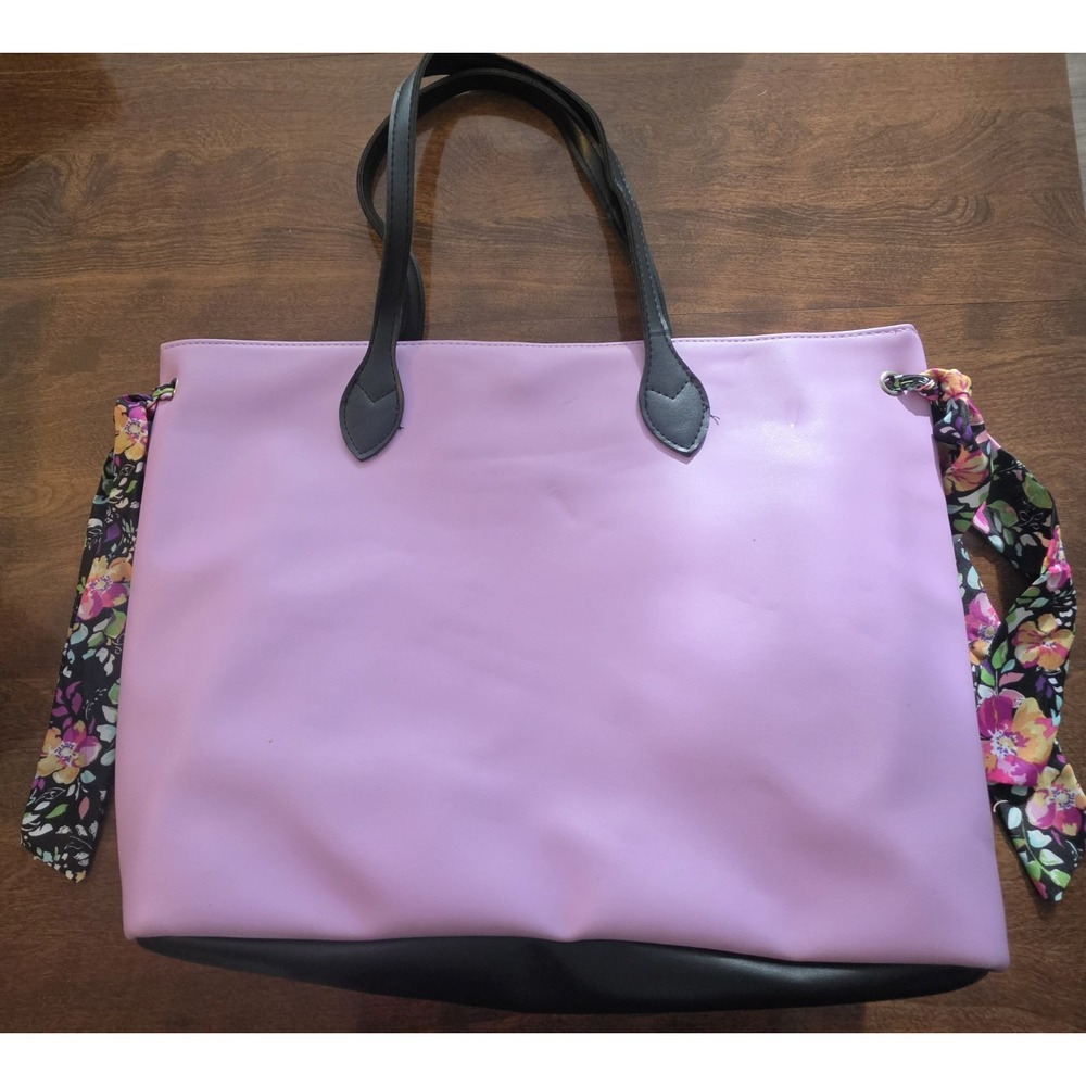 Simply Spring Tote Bag Pink Color W/ Black Handles & Floral Ribbon Large